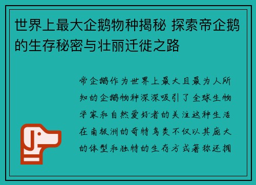 世界上最大企鹅物种揭秘 探索帝企鹅的生存秘密与壮丽迁徙之路